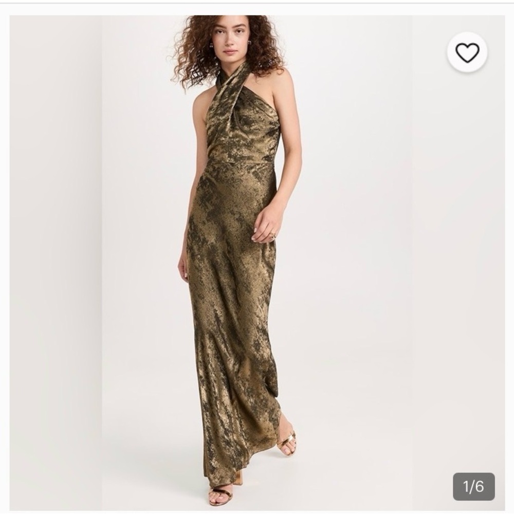 Veronica Beard Olive-Gold Metallic Halter Maxi Dress